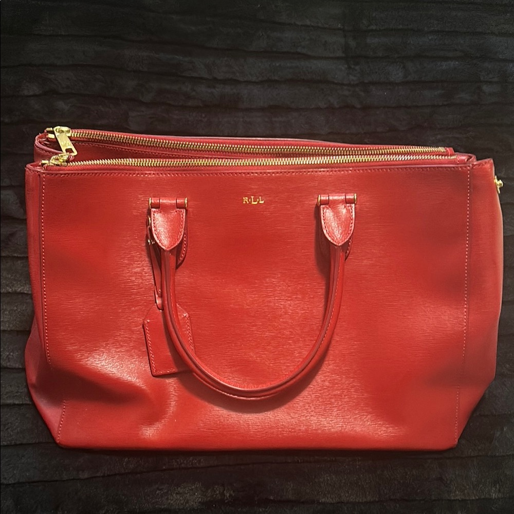 Lauren Ralph Lauren Red Leather Tote with Gold Hardware